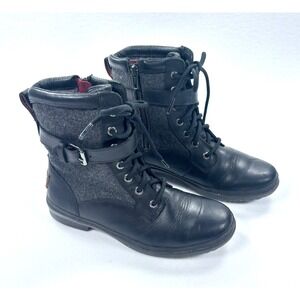 UGG Combat Boots Womens 6.5 Waterproof Leather Black Gray Outdoors Wool‎ Kesey